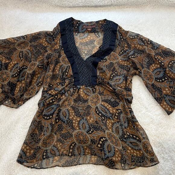 Bandolino Tops - VTG Bandolino Womens Y2K Sz 14 Peasant Top Brown Blue Paisley Floral V NeckSheer